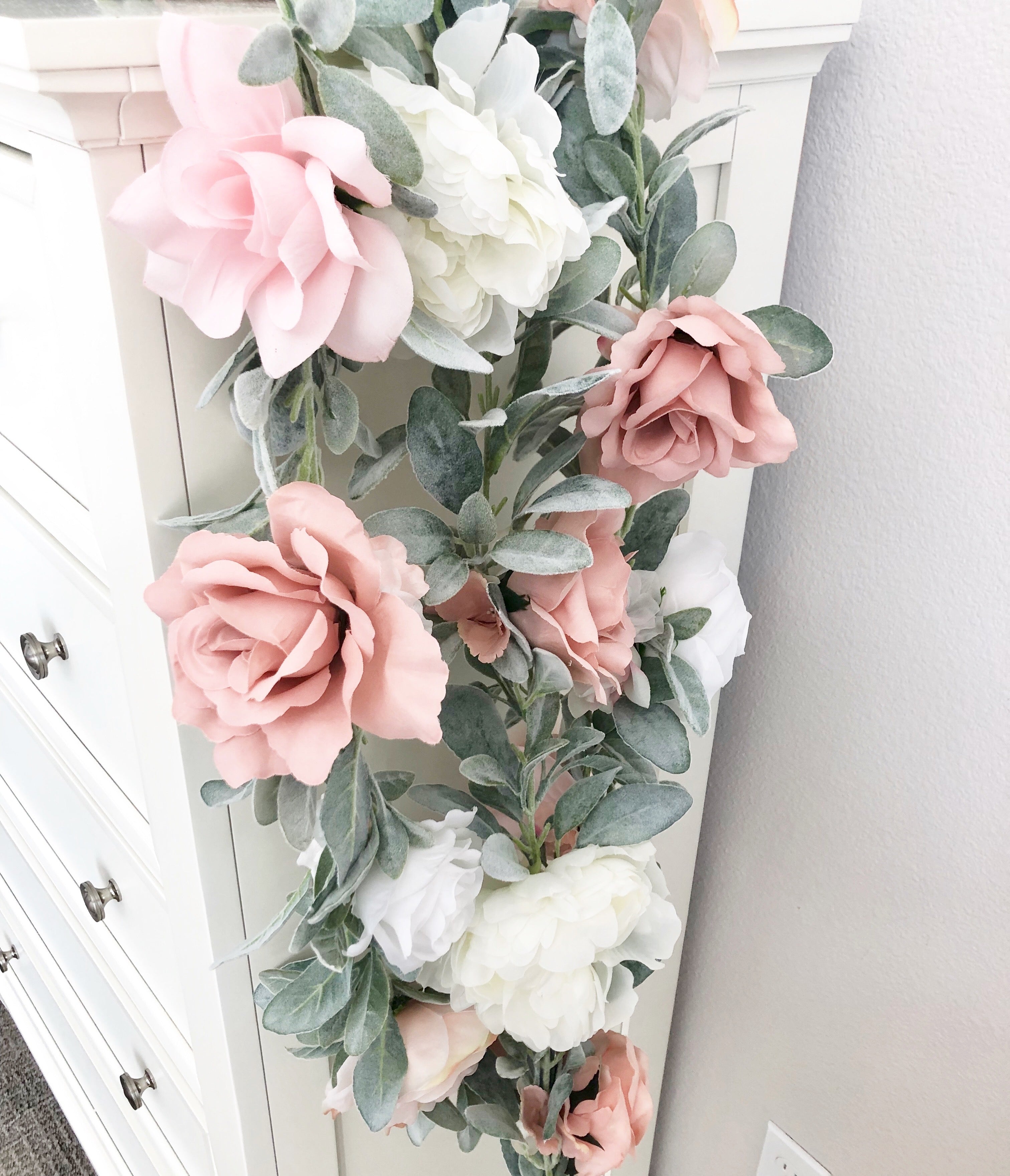 Lambs Ear Garland, Everyday, Baby Room Nursery, Blush Pink Mini Cabbage Roses, Romantic popular Wedding, Table Runner, Mantel Decor, Boho Farmhouse