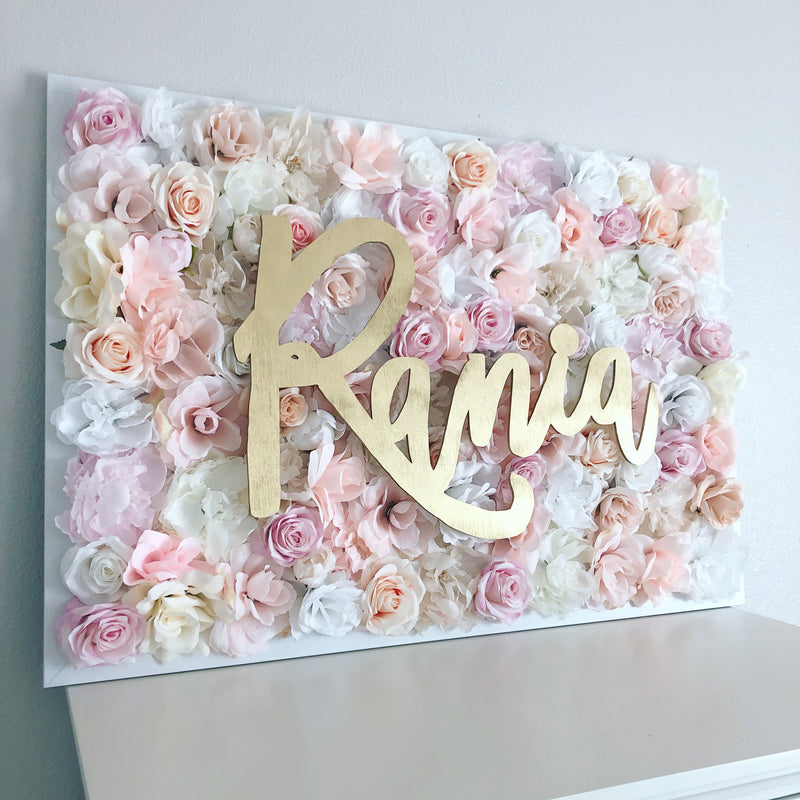 pale pink and gold wall decor flower wall flower wall nursery decor girl nursery decor name sign