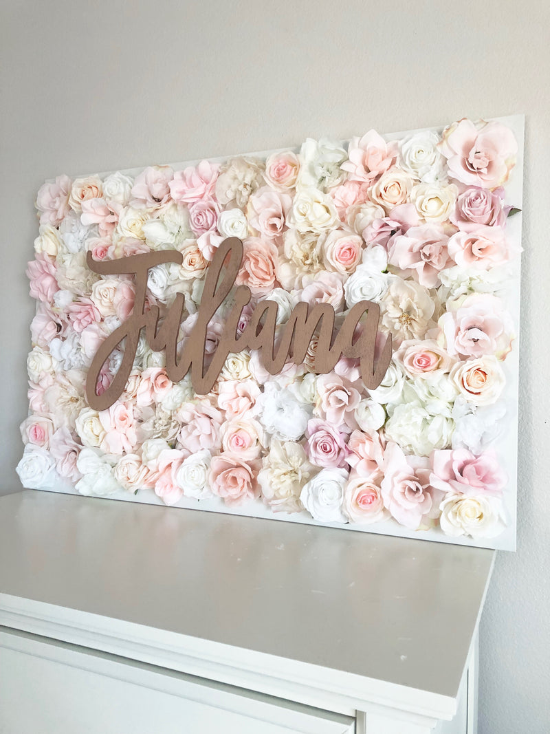 flower wall nursery decor girl nursery decor name sign pink and gold decor