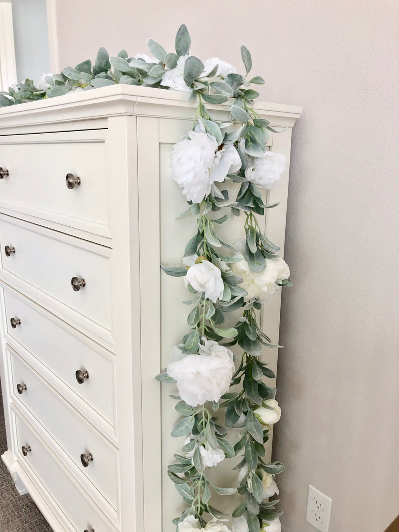 white garland lambs ear garland custom garland floral garland flower garland white baby shower decor white bridal shower decor white party decor white birthday party decor boho shower boho birthday