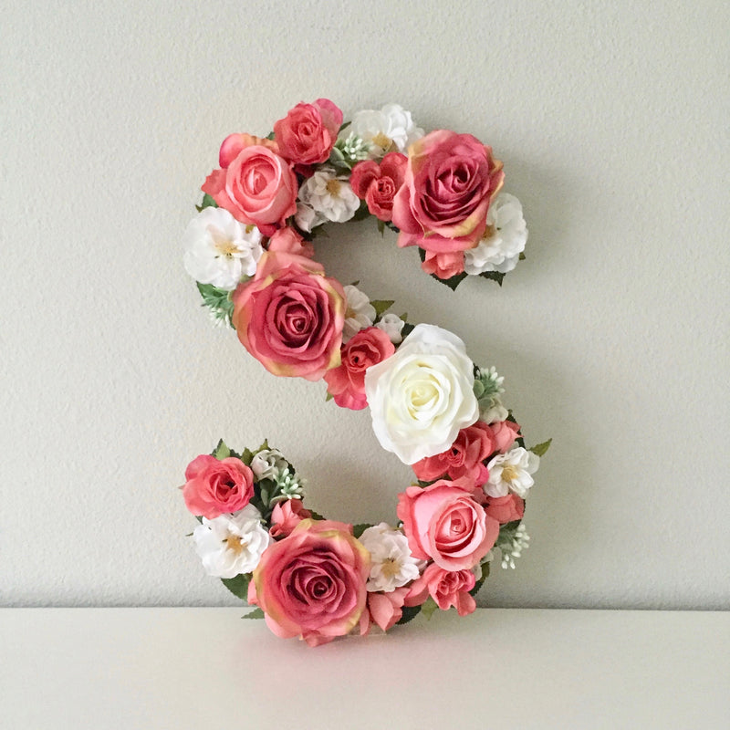 coral wall art floral letter baby girl room decor