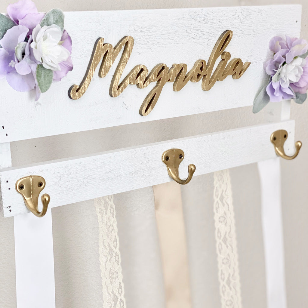 Custom Bow Holder Headband Holder Name Sign, Personalized Bow, Bow Holder with Flowers, Baby Shower Gift Girl, Girl Nursery Wall Decor