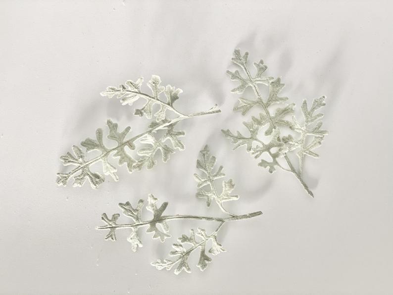 Set of 3 Artificial Frosted Dusty Miller Accent Flocked Dusty Miller Plant Faux Dusty Miller Greenery Faux Dusty Miller Sprig Flocked Leave