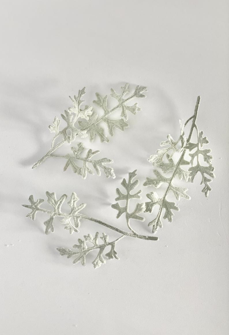 Set of 3 Artificial Frosted Dusty Miller Accent Flocked Dusty Miller Plant Faux Dusty Miller Greenery Faux Dusty Miller Sprig Flocked Leave
